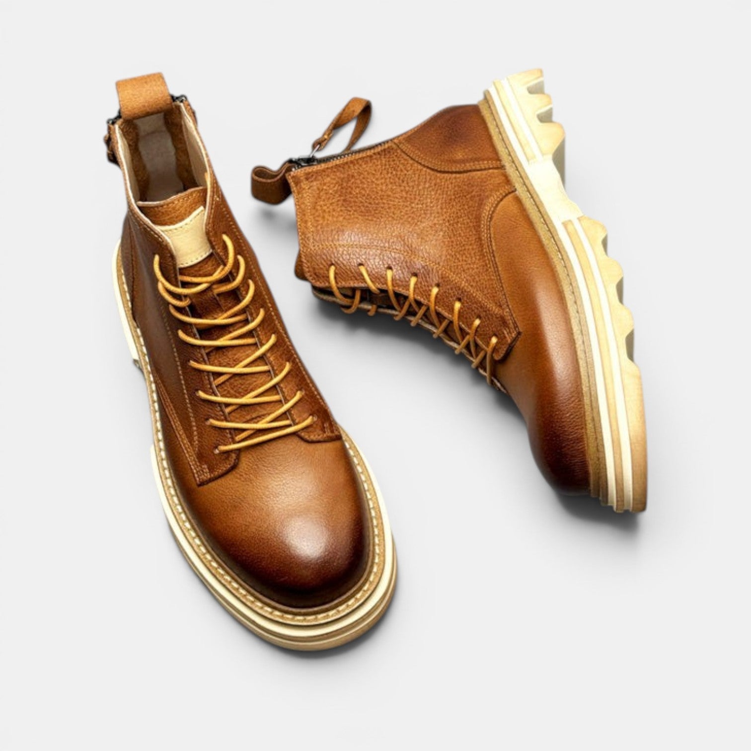 Barcon Getta Inc KILIMANJARO brown leather lace-up boots with chunky sole and side zip.