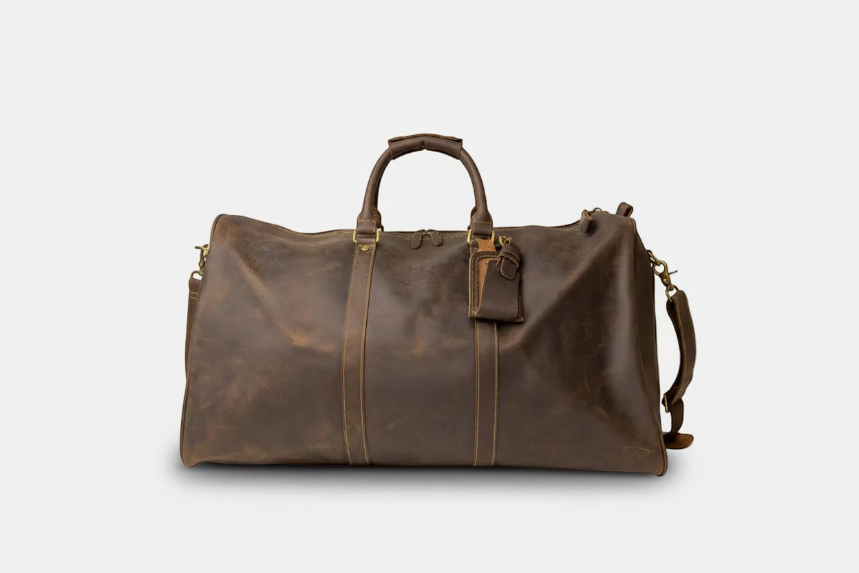Barcon Getta Rassi Duffel Bag – Dark coffee Brown – Front Profile Full Grain Leather with Brass Hardware -