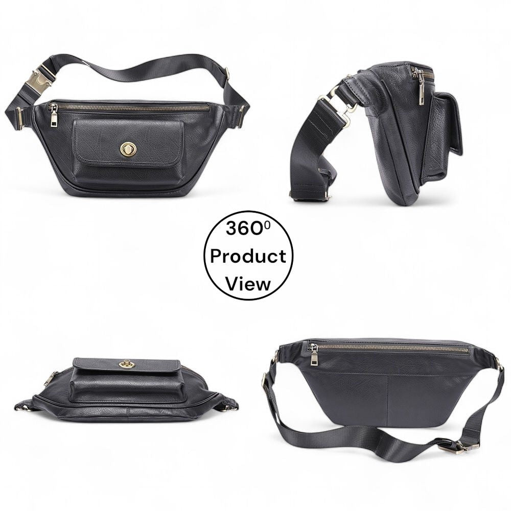 Barcon Getta Inc black full grain leather PRIME-CROSS body bag with multiple pockets and adjustable strap.
