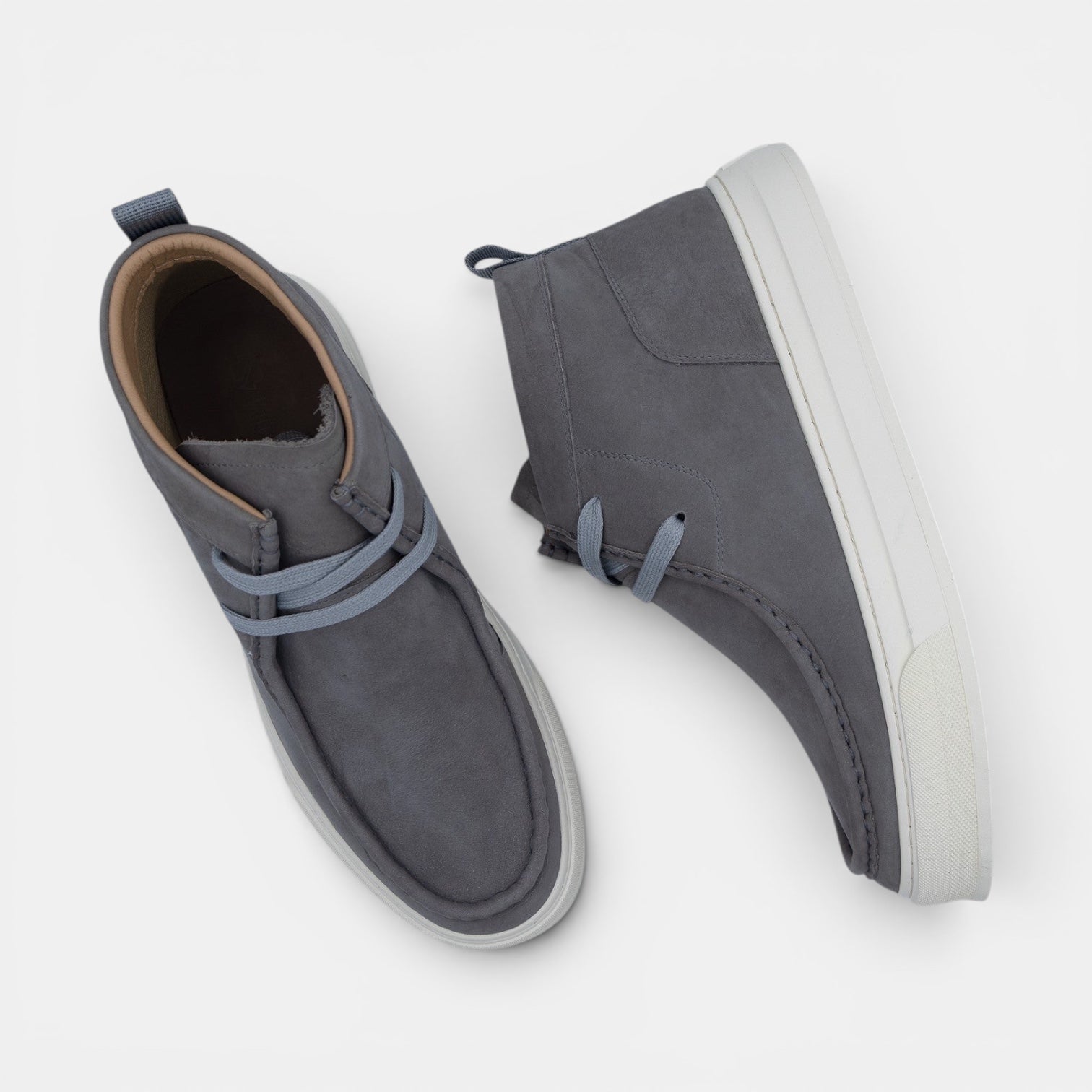 Barcon Getta Inc grey suede chukka sneaker boots with white rubber soles and light blue laces.