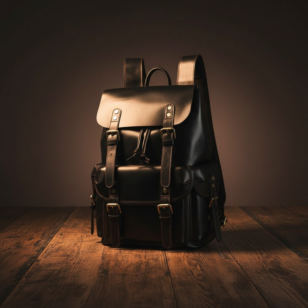 Barcon Getta Inc black Ethiopian leather backpack with buckle straps, drawstring closure, and multiple pockets. Handmade.