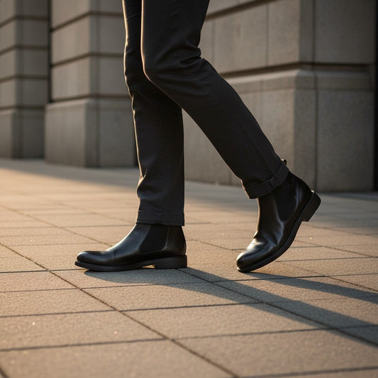 Barcon Getta Inc black full grain leather Chelsea boots with elastic side panels and pull tab.