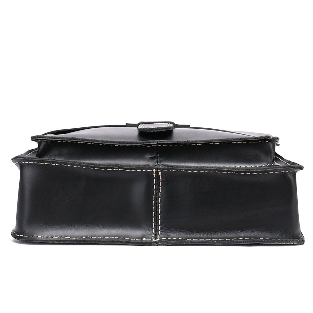 Barcon Getta Inc HARBORSIDE black full grain leather shoulder bag with contrast stitching and flap closure.