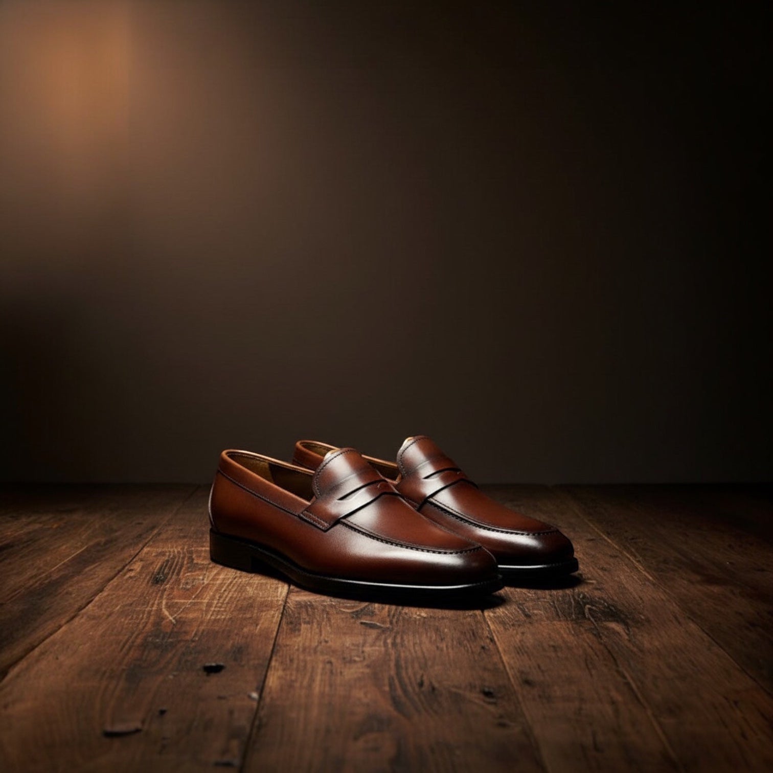 Barcon Getta Inc BANGUI brown polished leather penny loafers with classic strap detail.