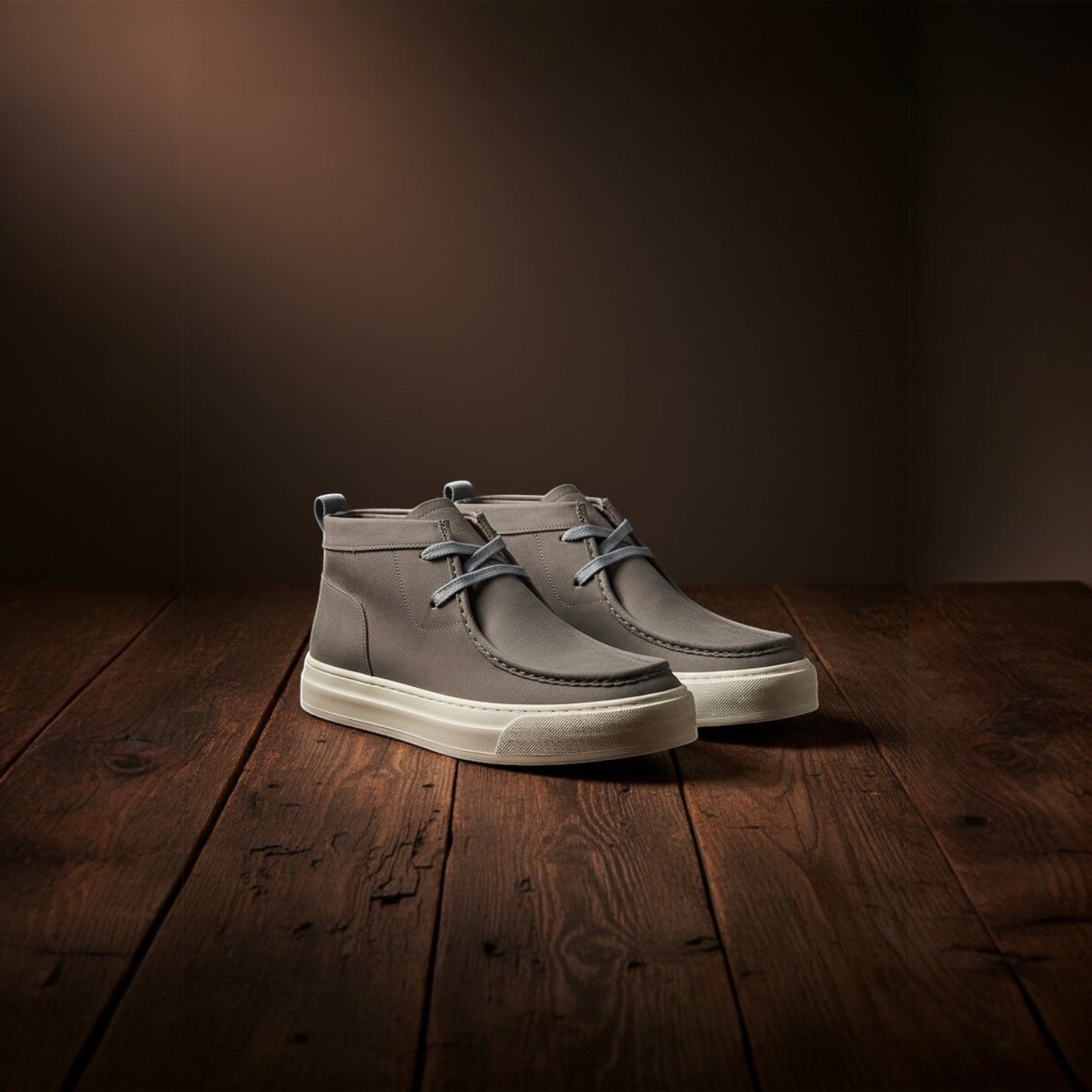 Barcon Getta Inc grey leather chukka sneaker boots with white rubber sole and light blue laces.