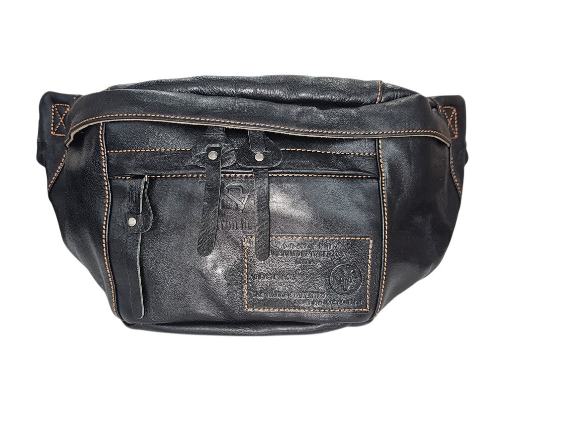 Barcon Getta Inc AXUMAWIT black full grain leather fanny bag with multiple zipper pockets and contrast stitching.