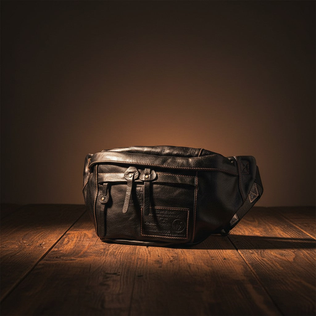 Barcon Getta Inc AXUMAWIT black full grain leather fanny bag with multiple zipper pockets and contrast stitching.