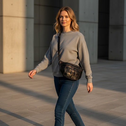 Barcon Getta Inc AXUMAWIT black full grain leather fanny bag with multiple zipper pockets and contrast stitching.