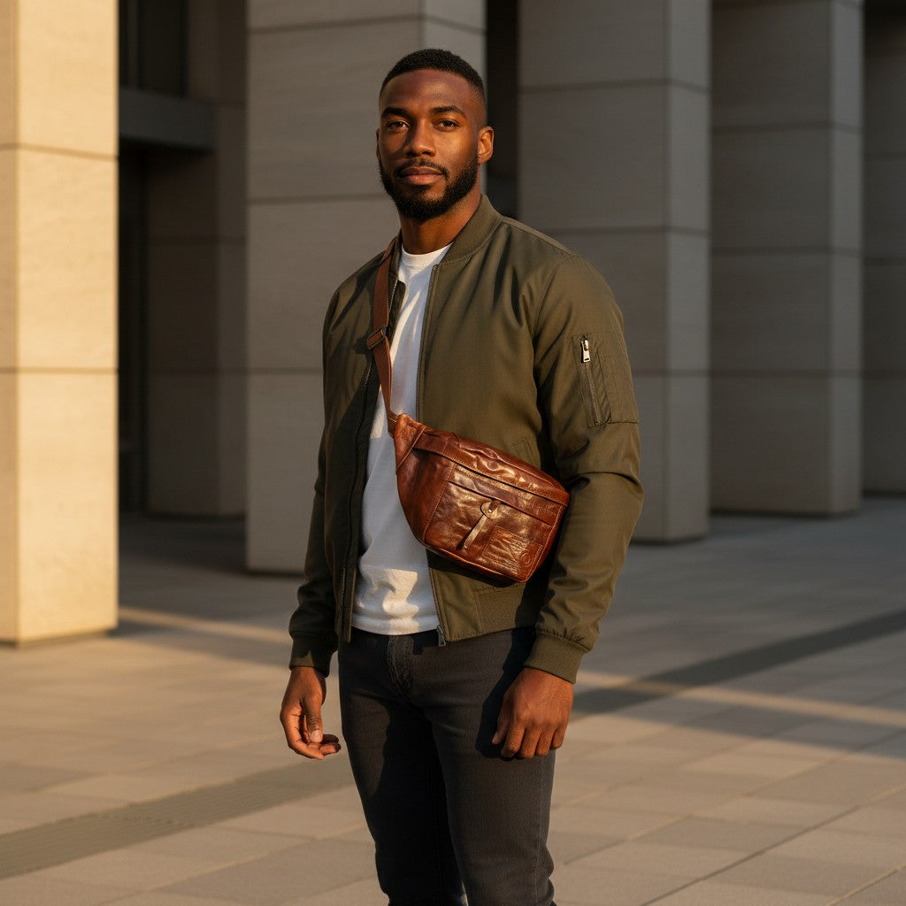 Barcon Getta Inc AXUMAWIT fanny bag in rich brown full grain Ethiopian leather with multiple zipper pockets and adjustable strap.