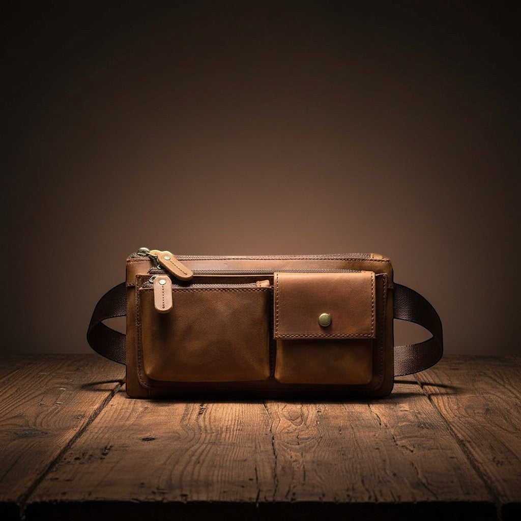 Barcon Getta Inc BANDFORM fanny bag in brown full grain leather with multiple zipper pockets and a flap pocket.