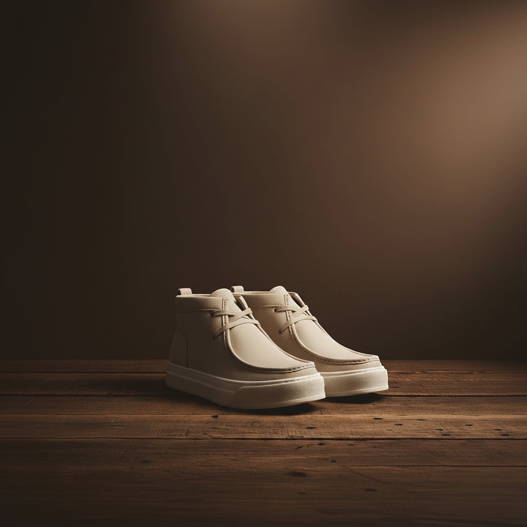 Barcon Getta Inc beige leather chukka sneaker boots with white rubber sole and lace-up closure.