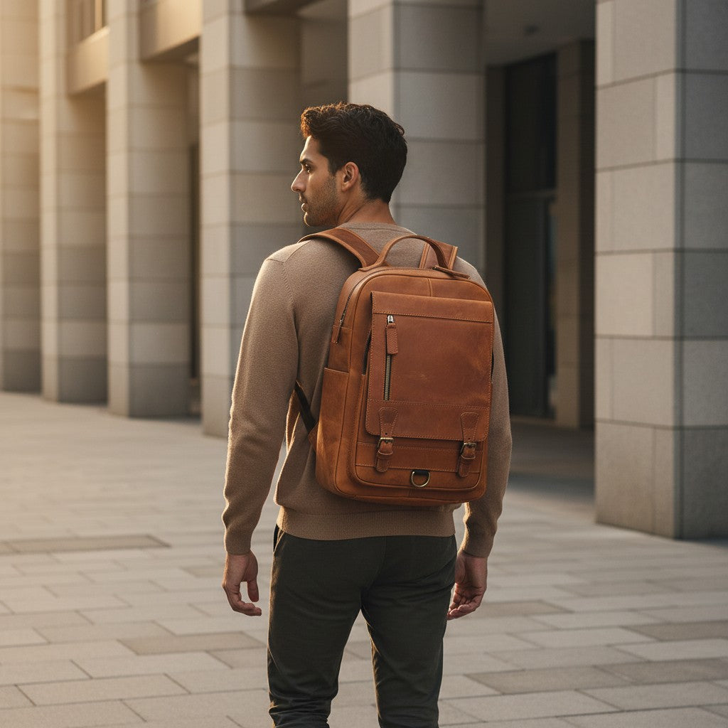 Barcon Getta Inc brown full grain Ethiopian leather backpack with buckle and zip pockets, suitable for laptops.