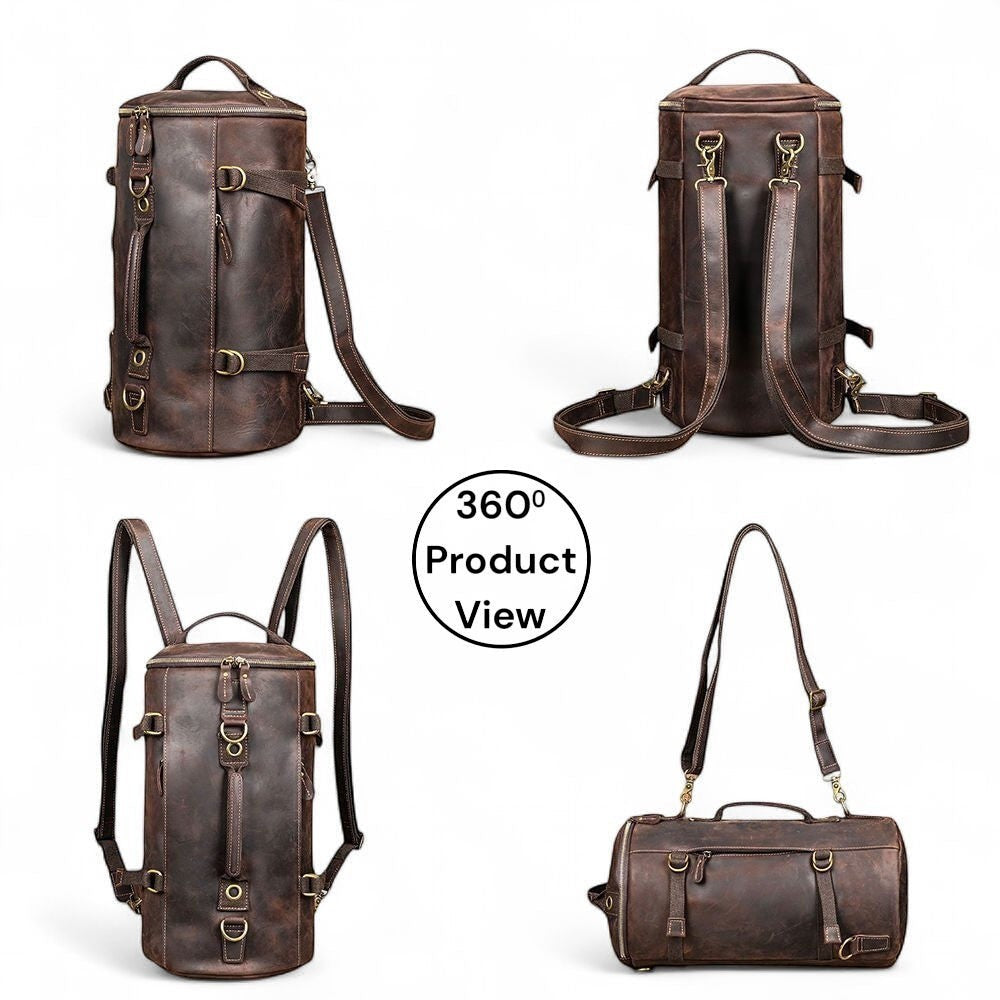 Barcon Getta Inc The Continental 2-1 Duffel, distressed genuine leather cylindrical travel bag with brass hardware, converts to backpack.