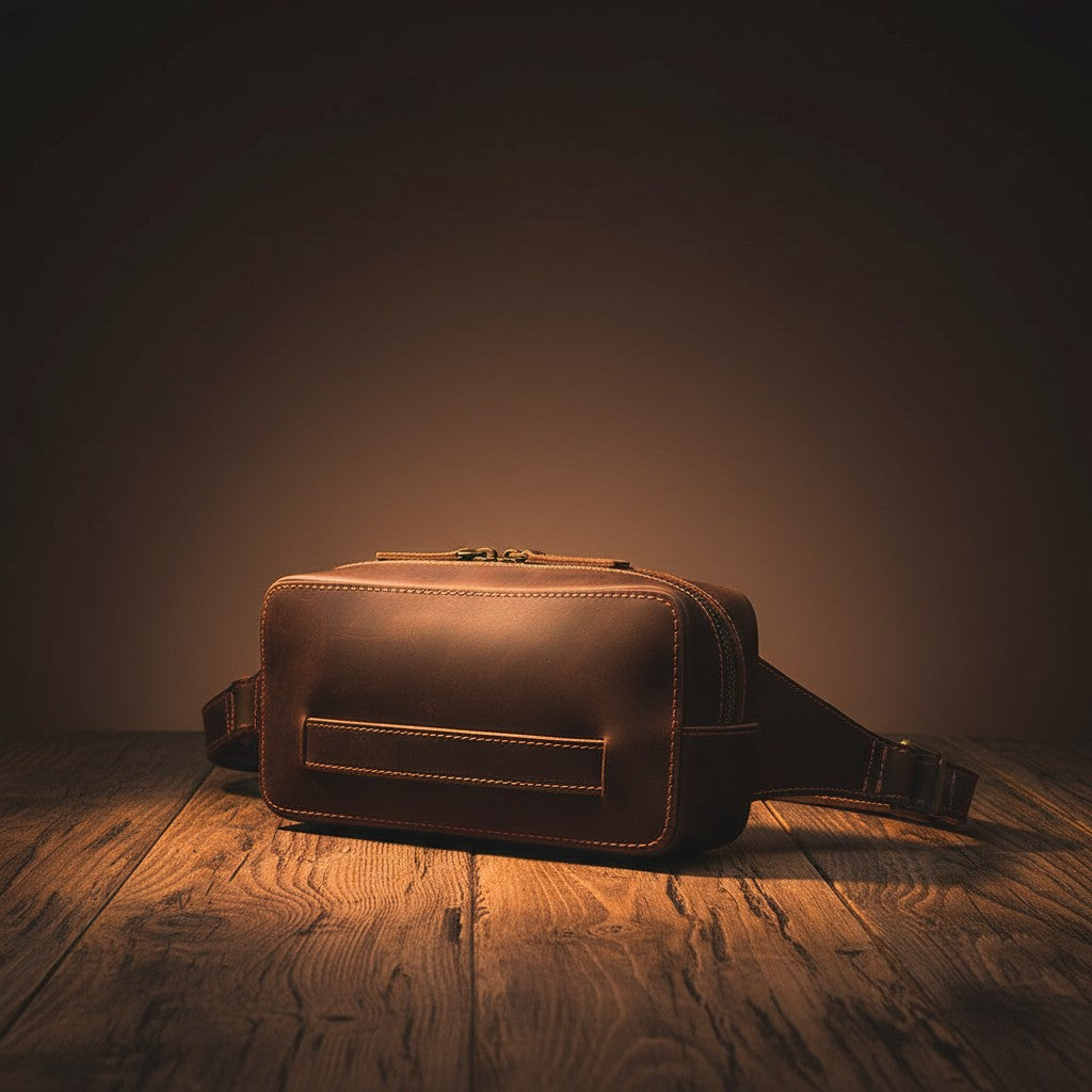 Barcon Getta Inc KANO fanny bag in dark brown full grain crazy horse leather with orange stitching and brass zipper.