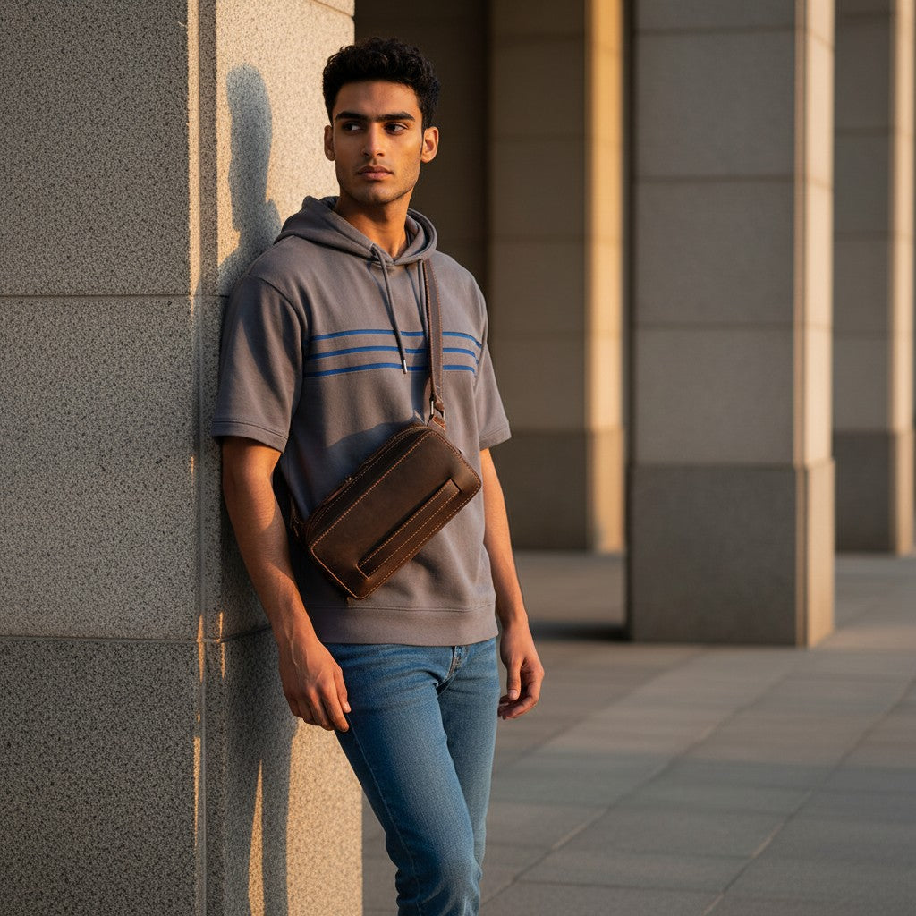 Barcon Getta Inc KANO fanny bag in dark brown full grain leather with multiple carrying styles and brass zipper.
