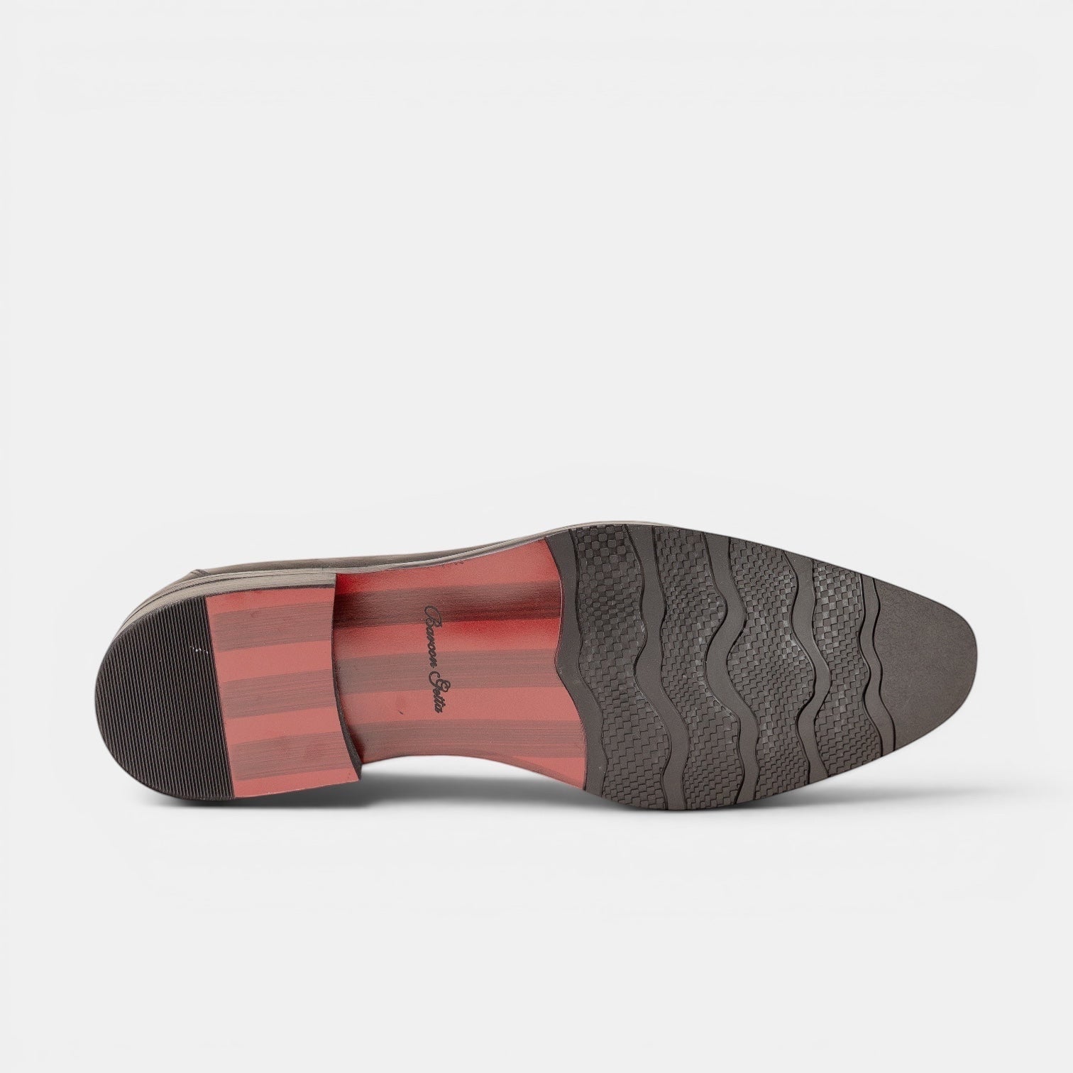 Barcon Getta Inc MONROVIA black leather penny loafers with red striped sole and textured grip.