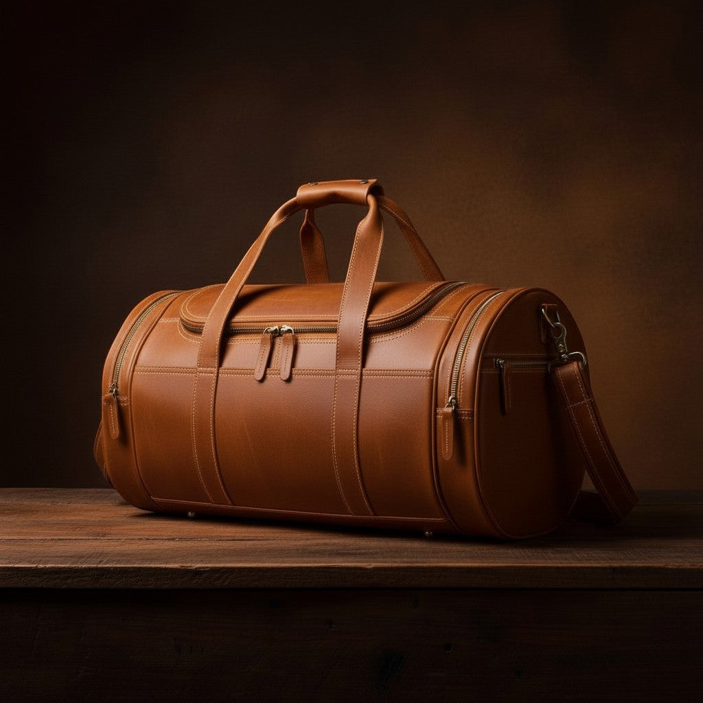Barcon Getta Inc Navigator Duffel, distressed brown full-grain leather travel bag with contrast stitching and multiple zippered pockets.