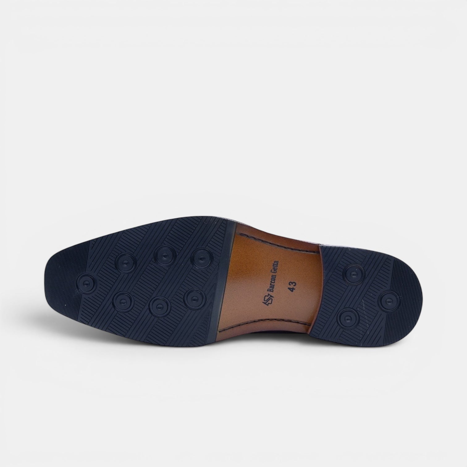 Barcon Getta Inc NEGUS black leather penny loafers with metal accent detail and durable sole.