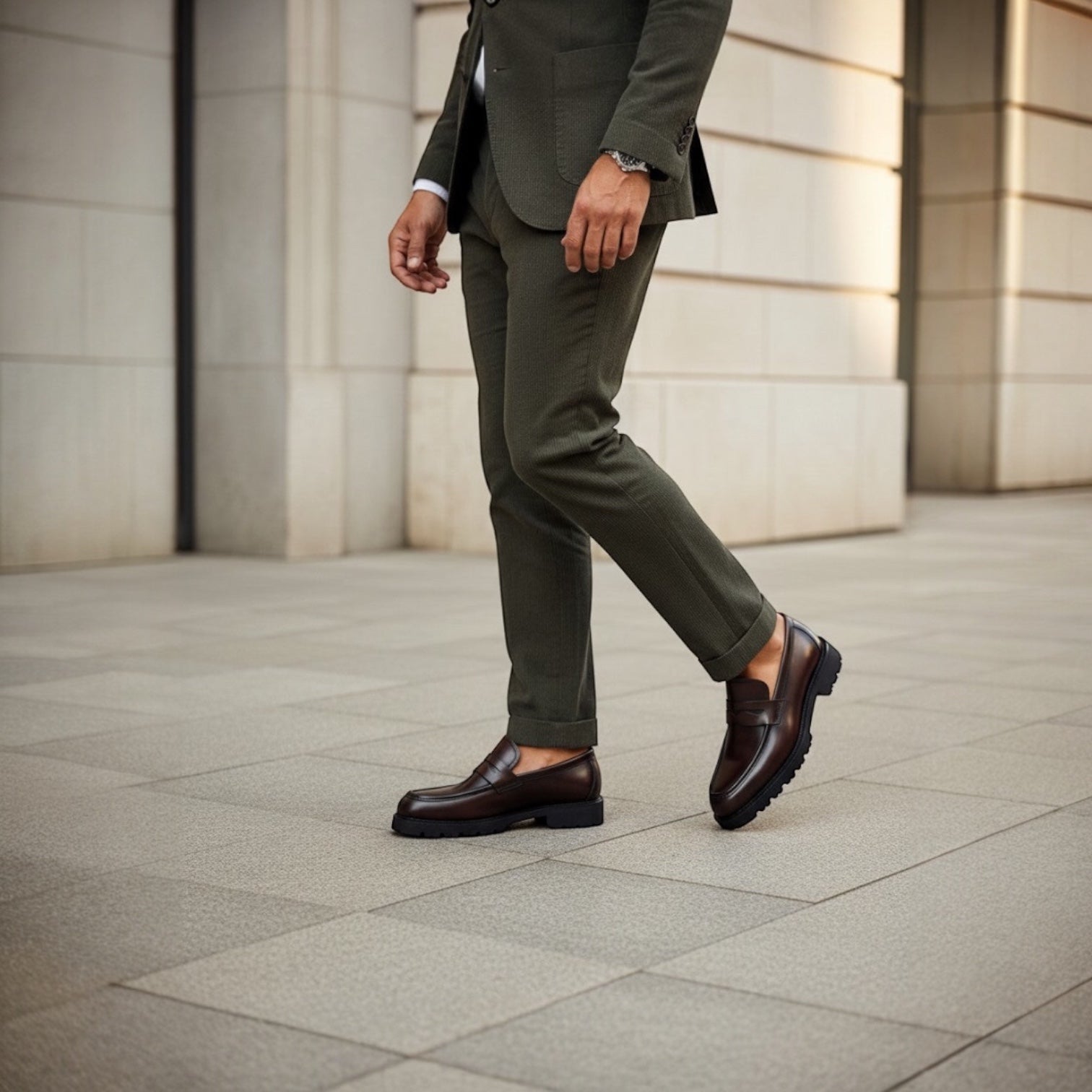 Barcon Getta Inc NIAMEY brown leather penny loafers with lug sole, worn by a man in a green suit.