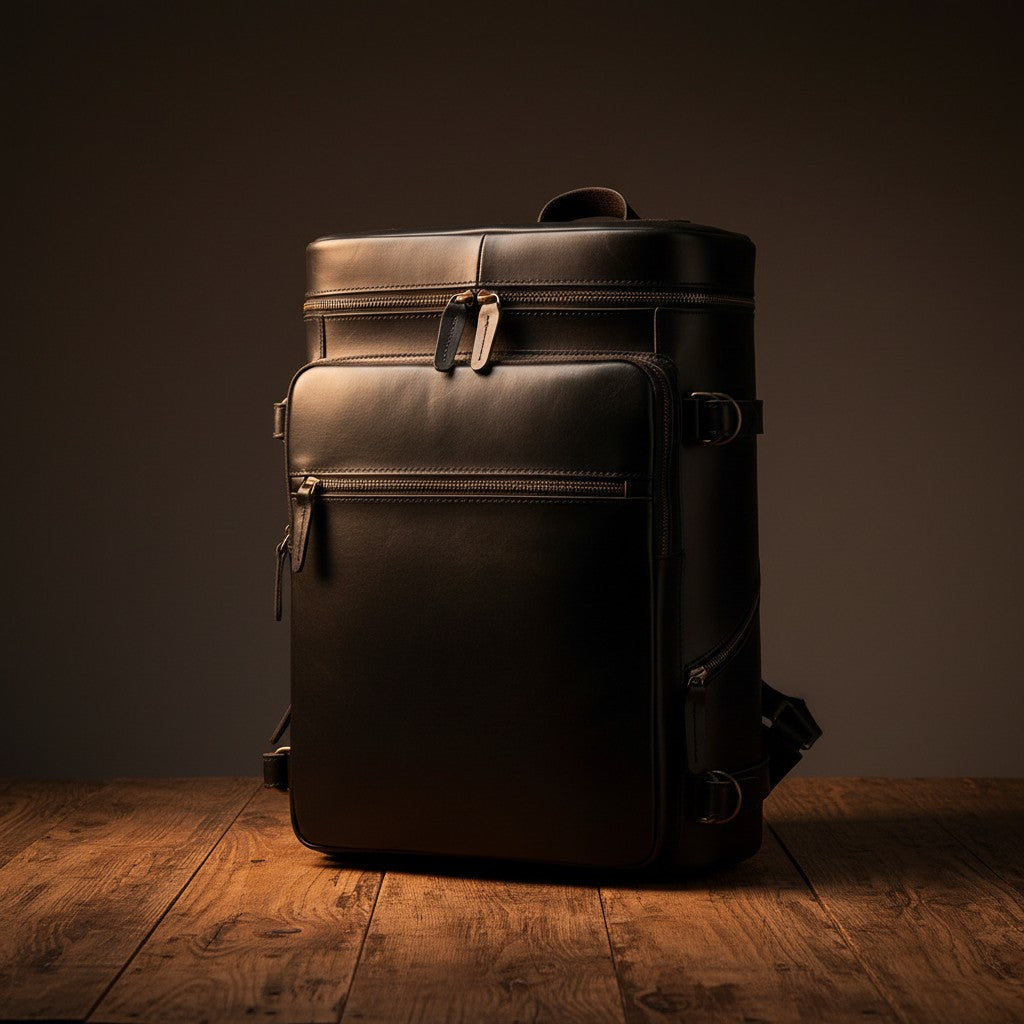 Barcon Getta Inc PATHWAY black genuine leather cylindrical backpack with multiple zippered pockets and adjustable padded straps.