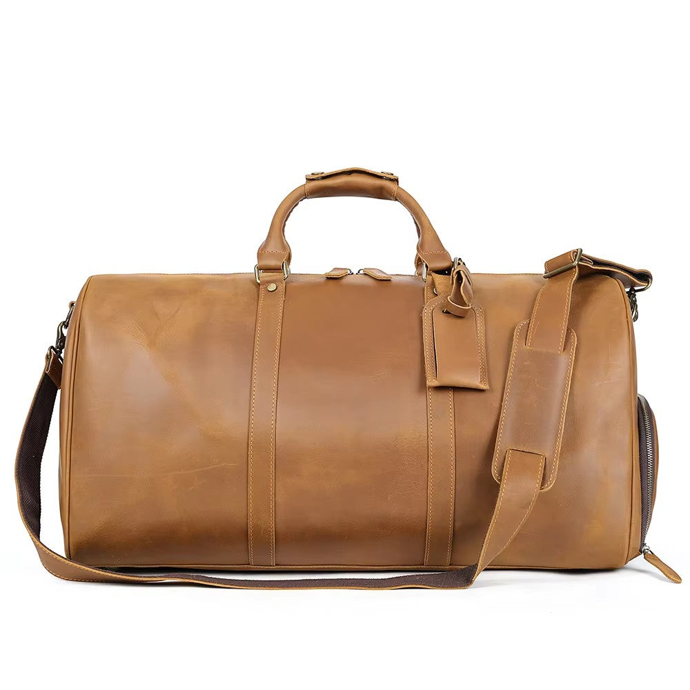 Barcon Getta Safari Duffel Travel Bag – Tan – Front Profile Full Grain Leather with Brass Hardware -
on a light gray background