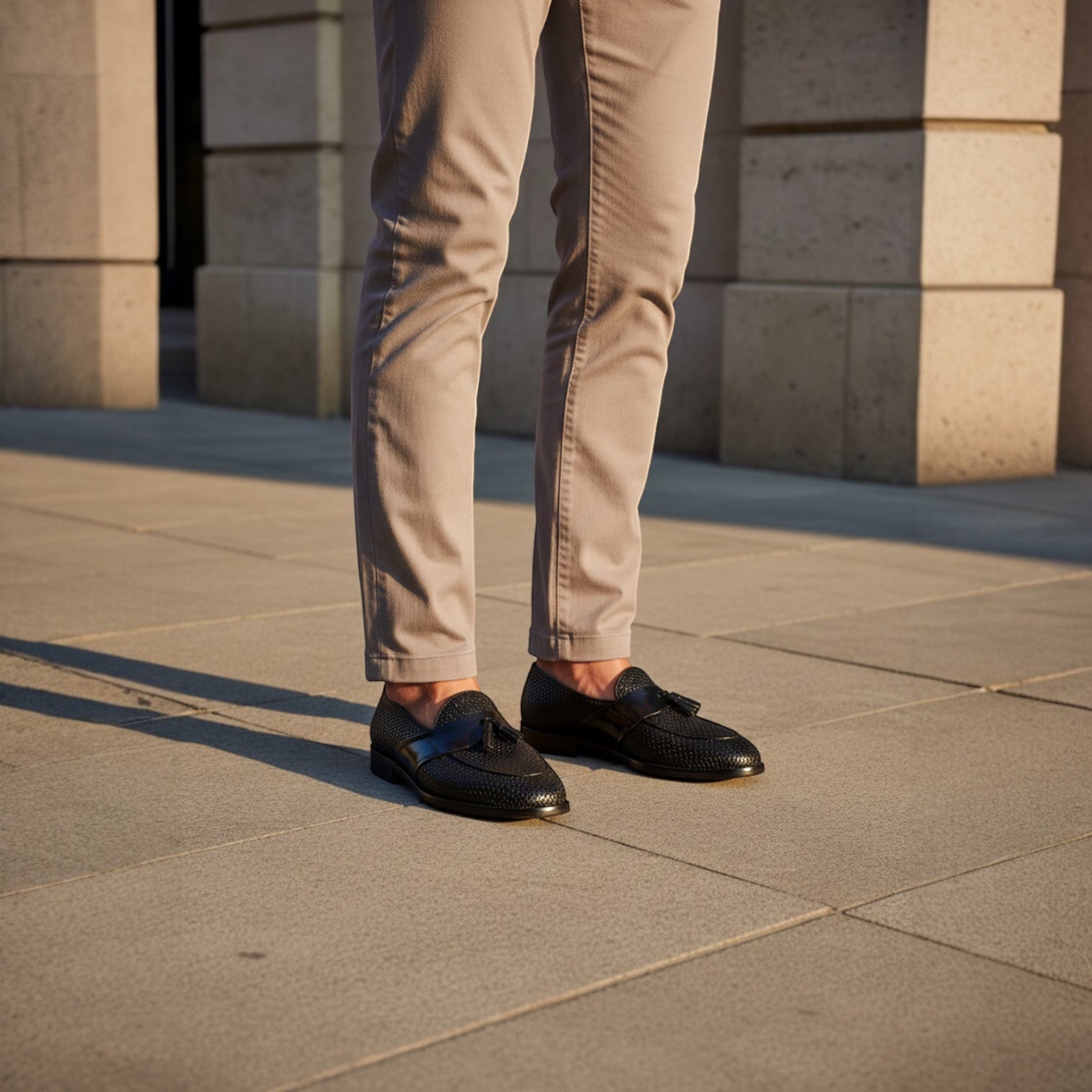 Barcon Getta Inc LIBREVILLE woven leather tassel loafers in jet black with metallic accents and a rounded toe.
