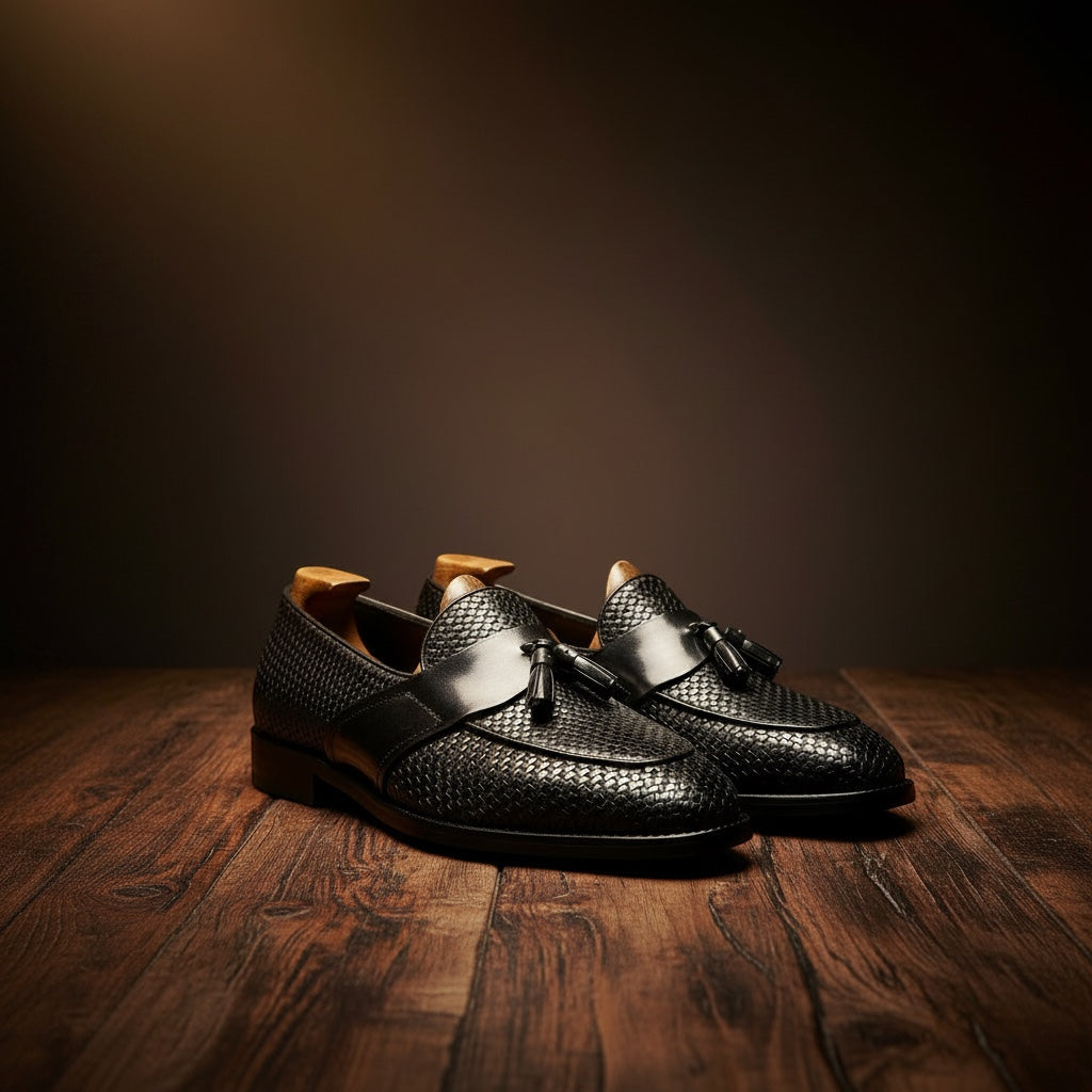 Pair of black leather loafers on a wooden surface with a dark background