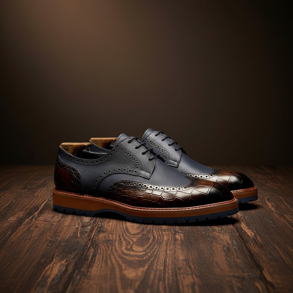 Barcon Getta Inc PORT-LOUIS navy leather wingtip brogue dress shoes with croc-embossed toe and heel.