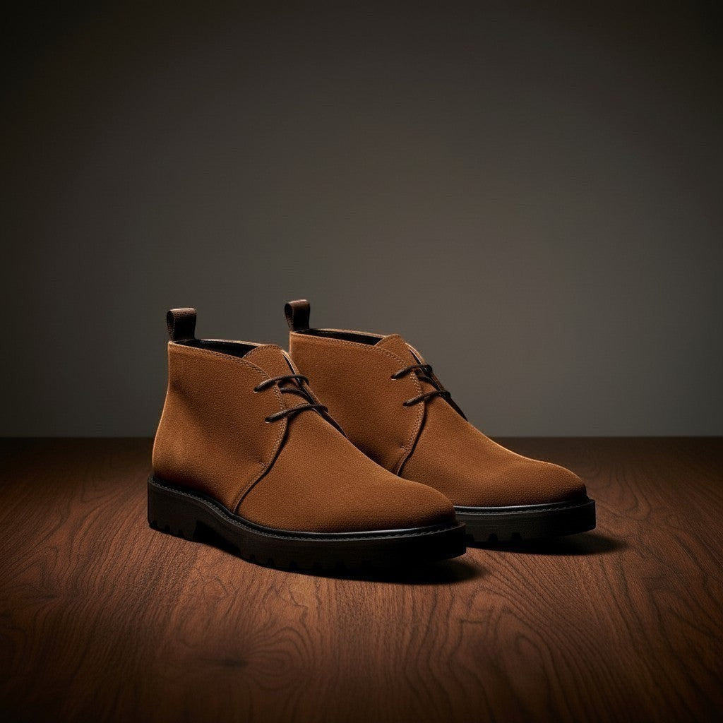 Barcon Getta Inc ATLAS CHUKKA tan suede chukka boots with black lug sole and lace-up closure.