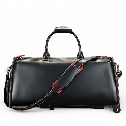 Black travel bag with red accents on a white background