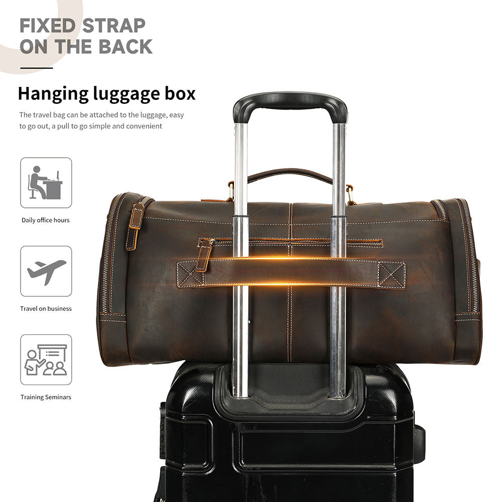 Brown hanging luggage box attached to a black suitcase with text on a white background