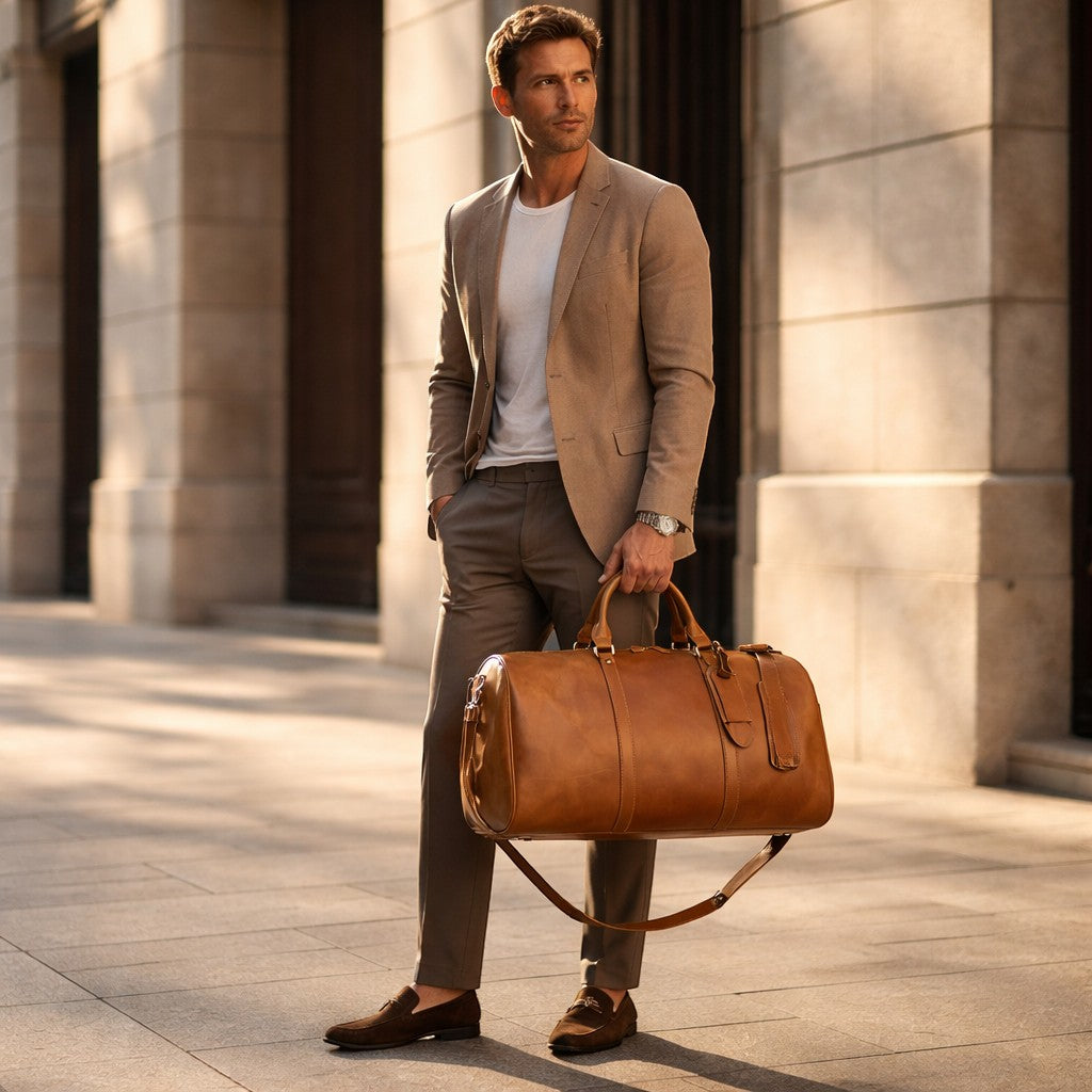 Barcon Getta Safari Duffel Travel Bag –Tan – Full Grain Leather Business Travel Lifestyle