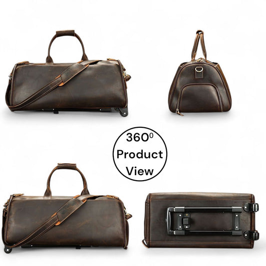 Brown leather duffel bag with shoulder strap and suitcase on a white background