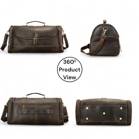 Set of four brown leather bags on a white background with '360° Product View' text.