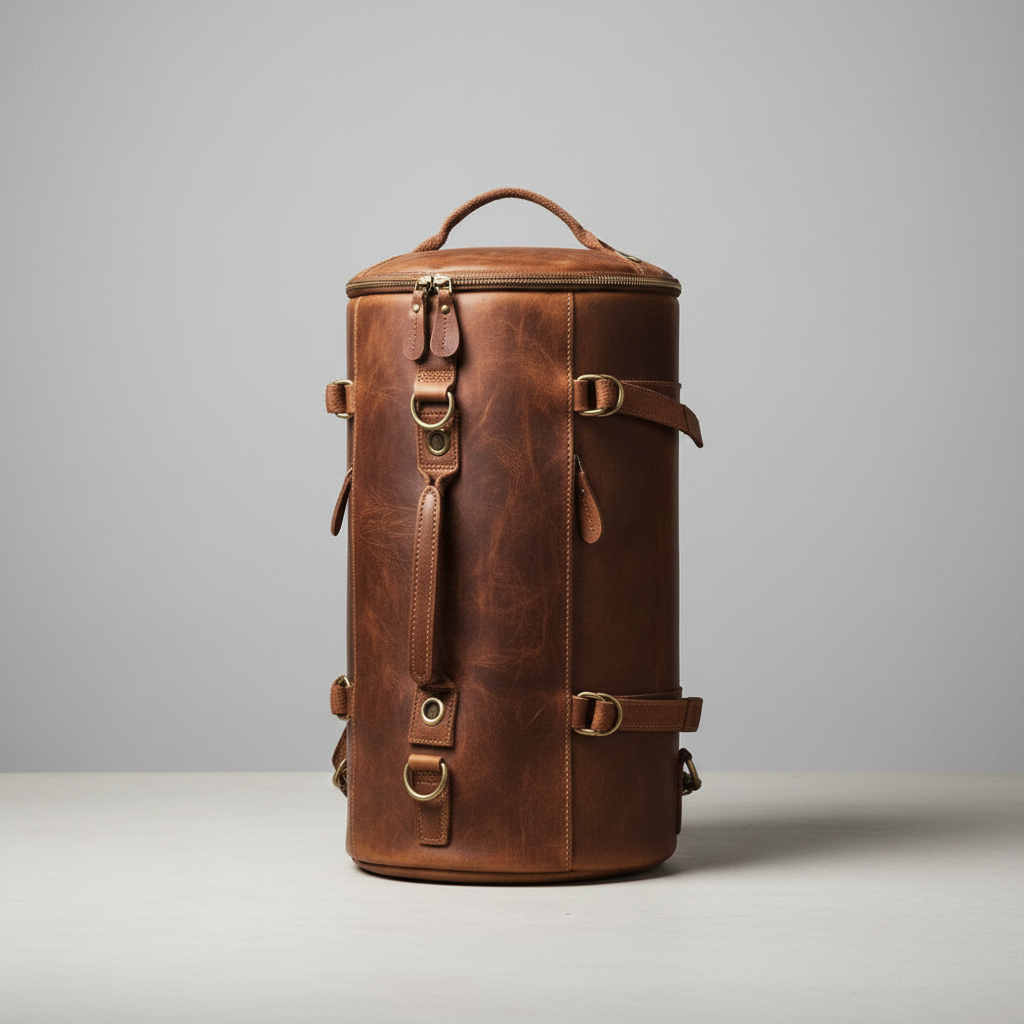 Brown leather duffel bag on a gray background