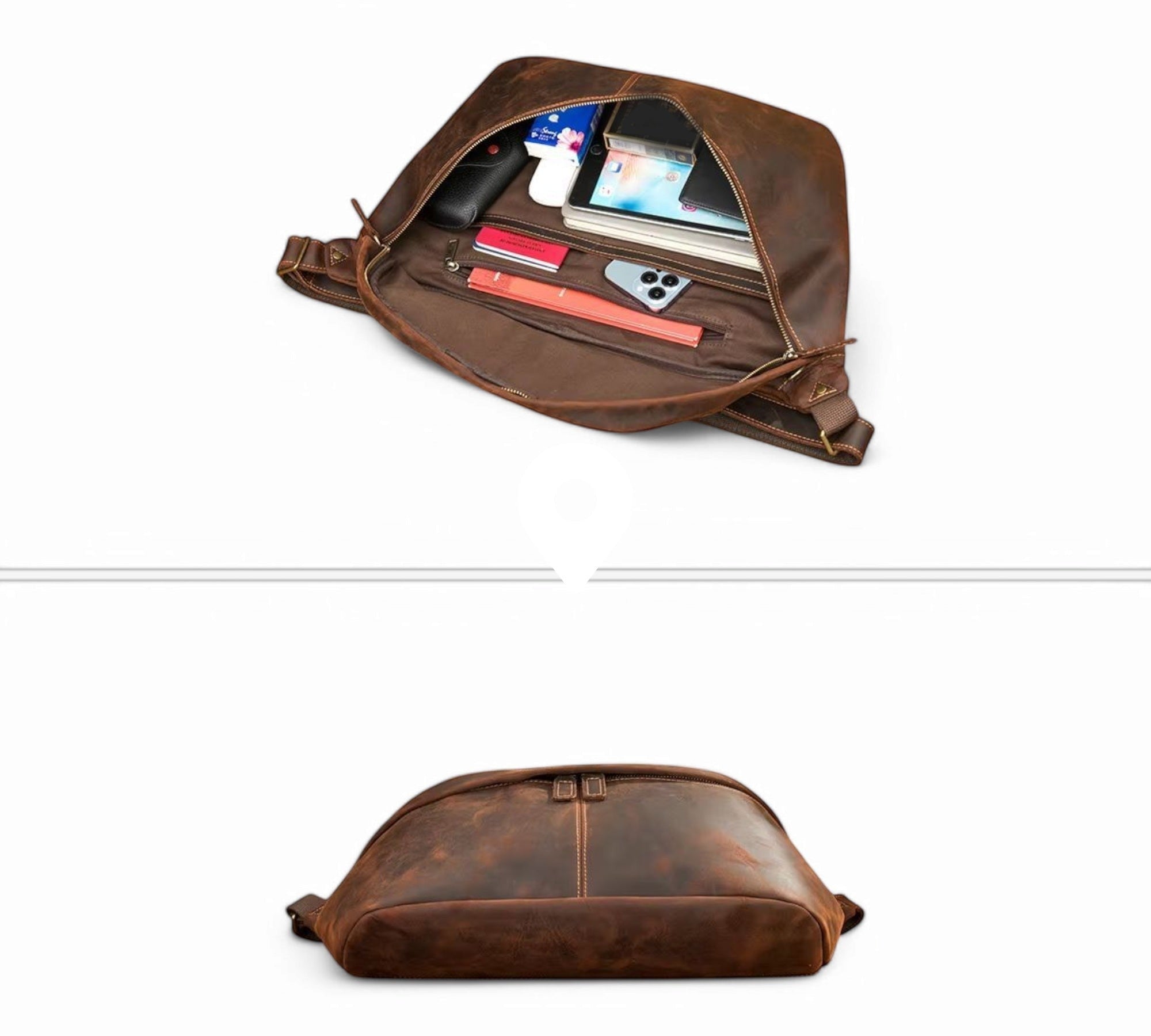 Barcon Getta Inc brown full grain leather cross-body bag with adjustable strap and multiple compartments.
