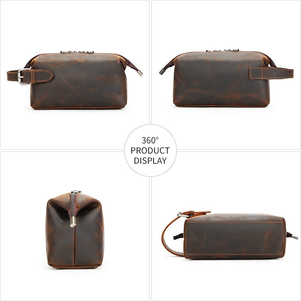 Barcon Getta Inc dark brown distressed leather dopp kit with buckle strap and zipper, ideal for travel.