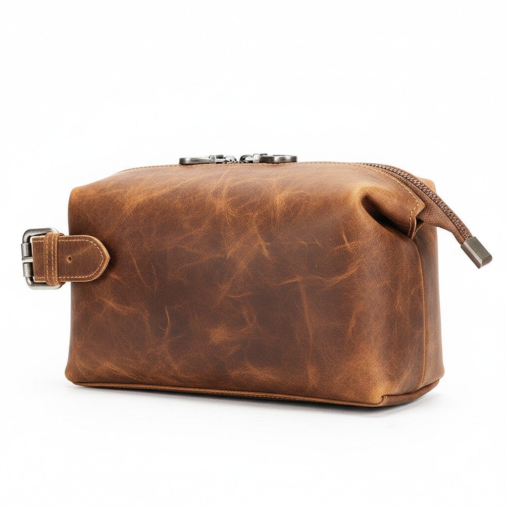 Barcon Getta Inc dark brown distressed leather dopp kit with silver buckle and zipper, ideal for travel.