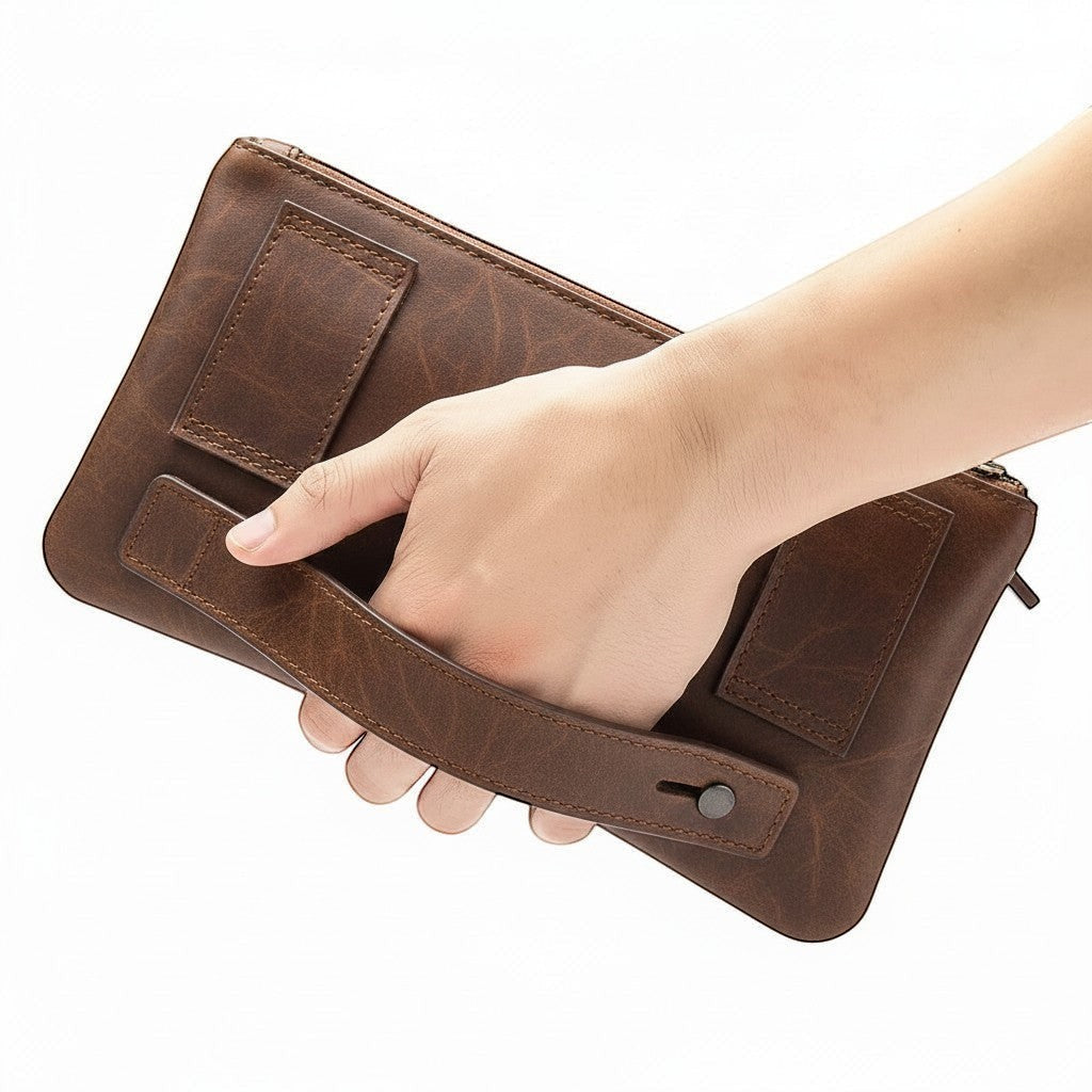Barcon Getta Inc black Ethiopian leather fanny bag with multiple carrying styles and zipper pockets.