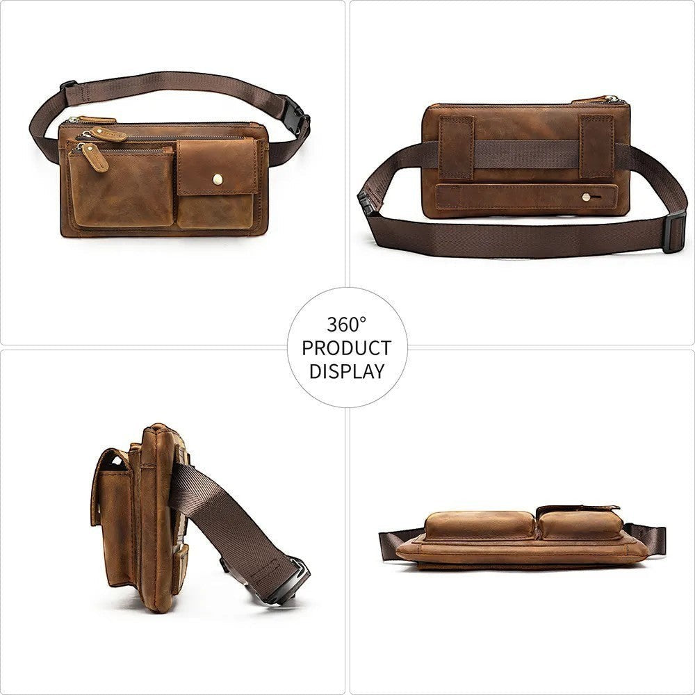 Barcon Getta Inc brown full grain leather fanny bag with multiple pockets and adjustable strap.