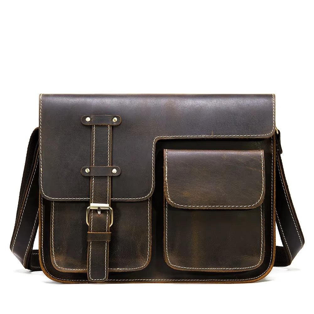Barcon Getta Inc dark brown full grain leather messenger bag with buckle closure and multiple pockets.