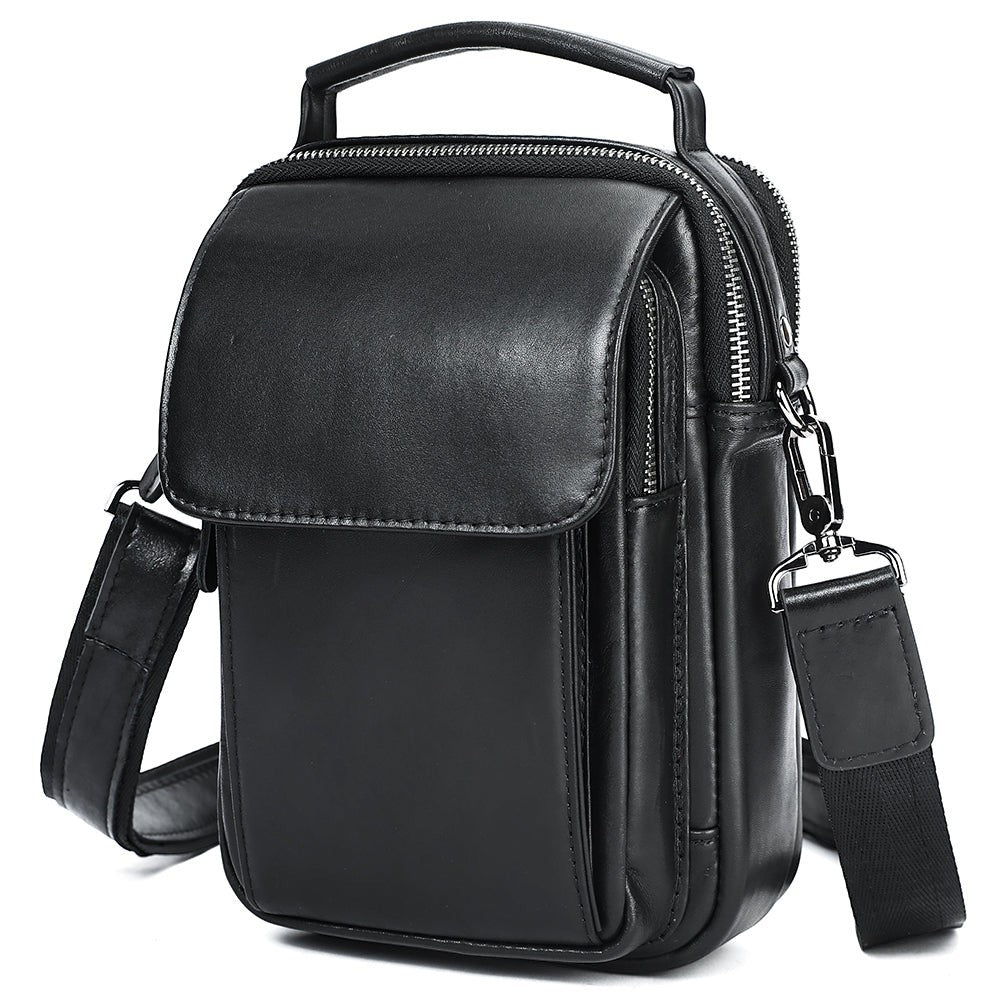 Barcon Getta Inc black full grain Ethiopian leather mini shoulder bag with top handle and multiple pockets.