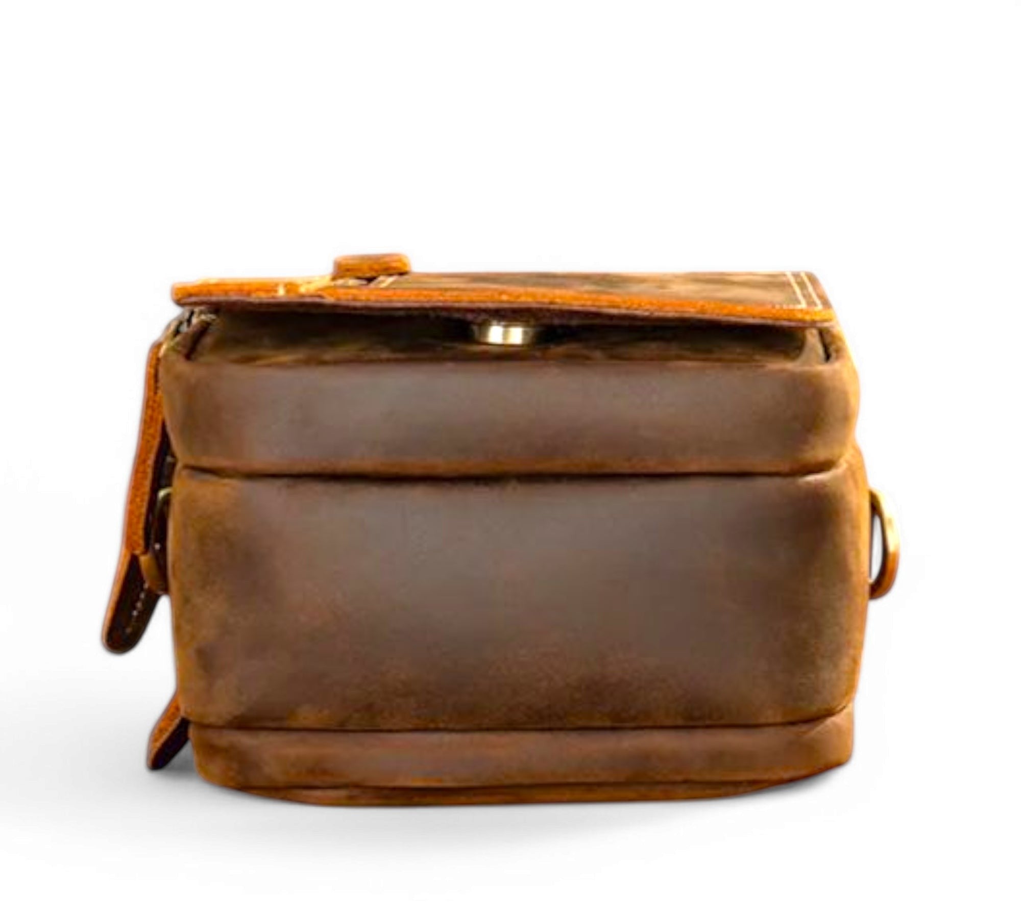 Barcon Getta Inc brown full grain leather shoulder bag with flap closure and multiple compartments.