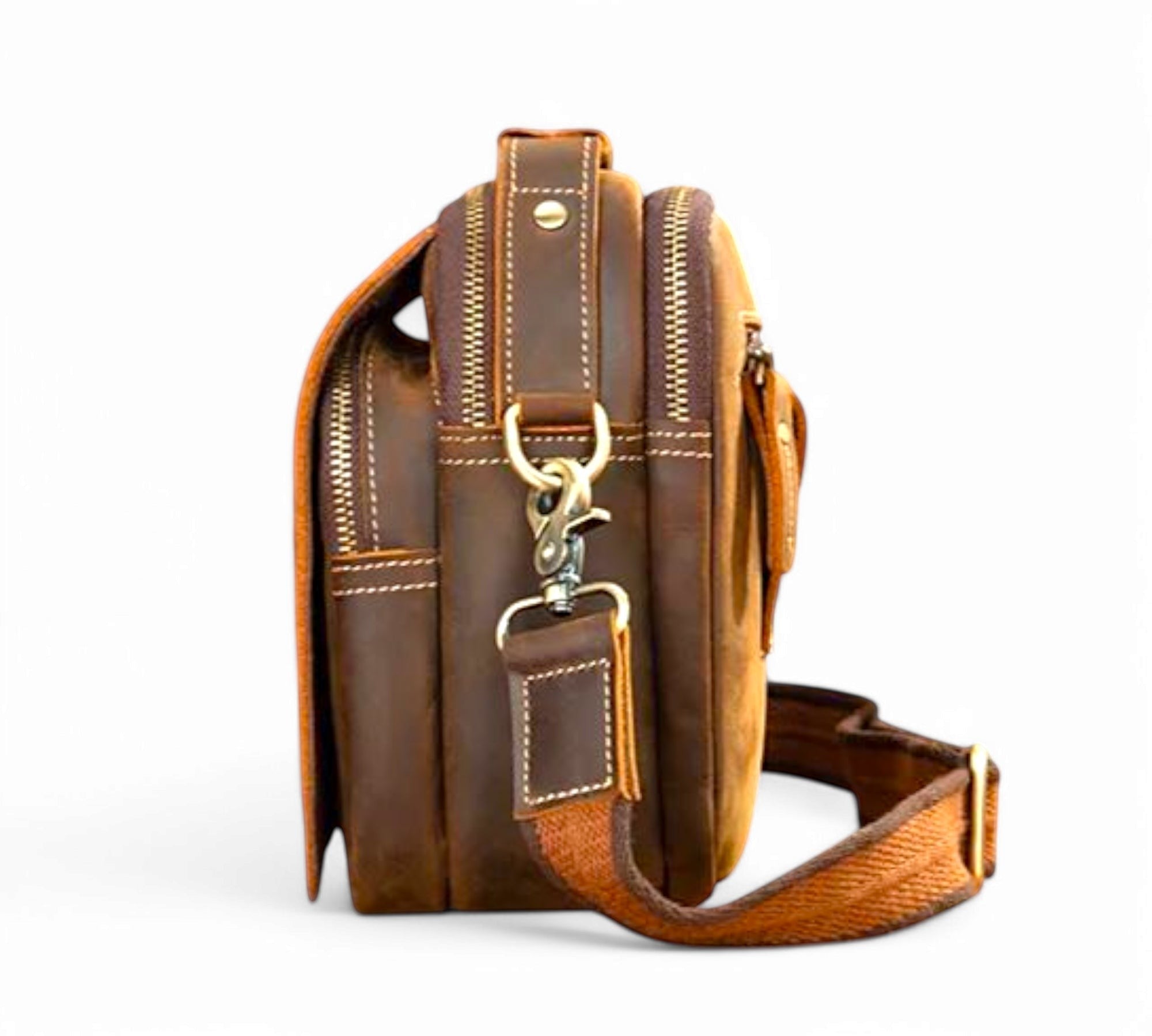 Barcon Getta Inc brown full grain leather shoulder bag with multiple compartments and zippers.