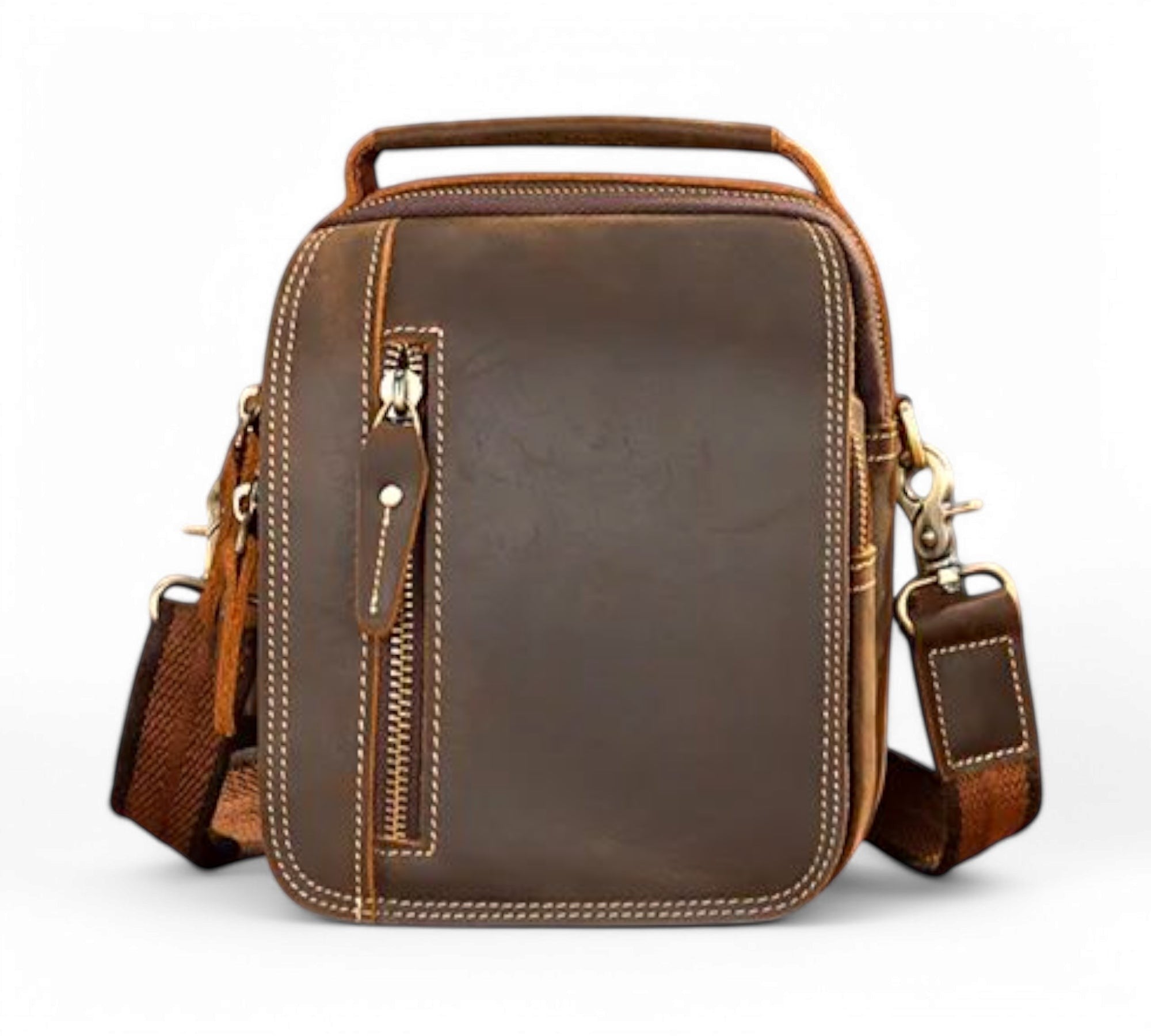 Barcon Getta Inc brown full grain leather shoulder bag with zipper pocket and adjustable strap.