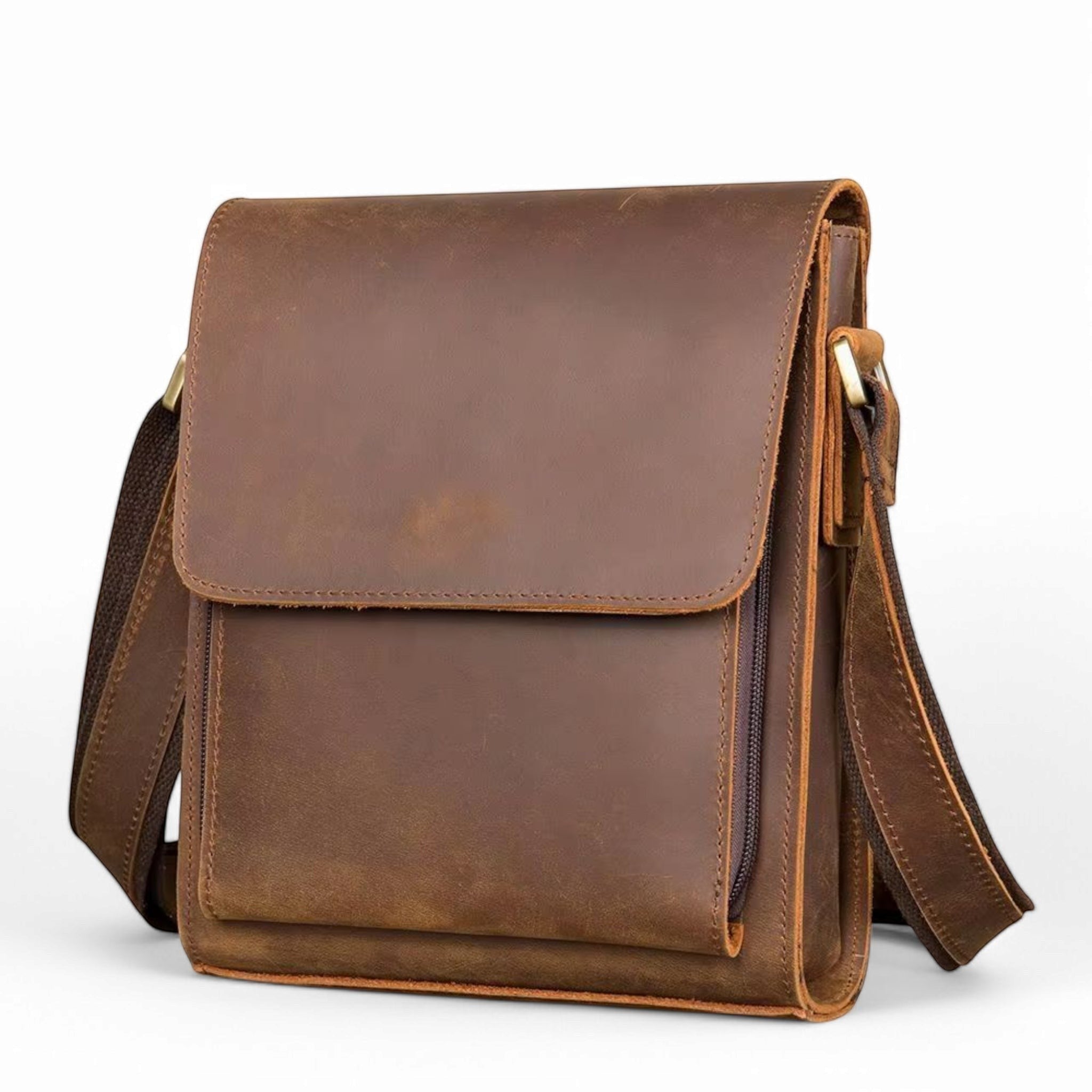 Barcon Getta Inc GRAINSIDE brown full grain leather shoulder bag with flap and front pocket.