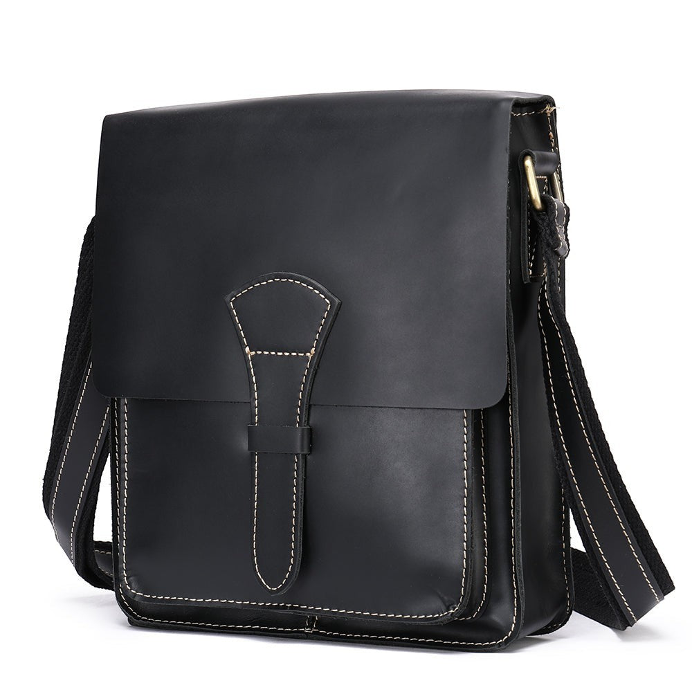 Barcon Getta Inc black full grain leather HARBORSIDE shoulder bag with contrast stitching and flap closure.