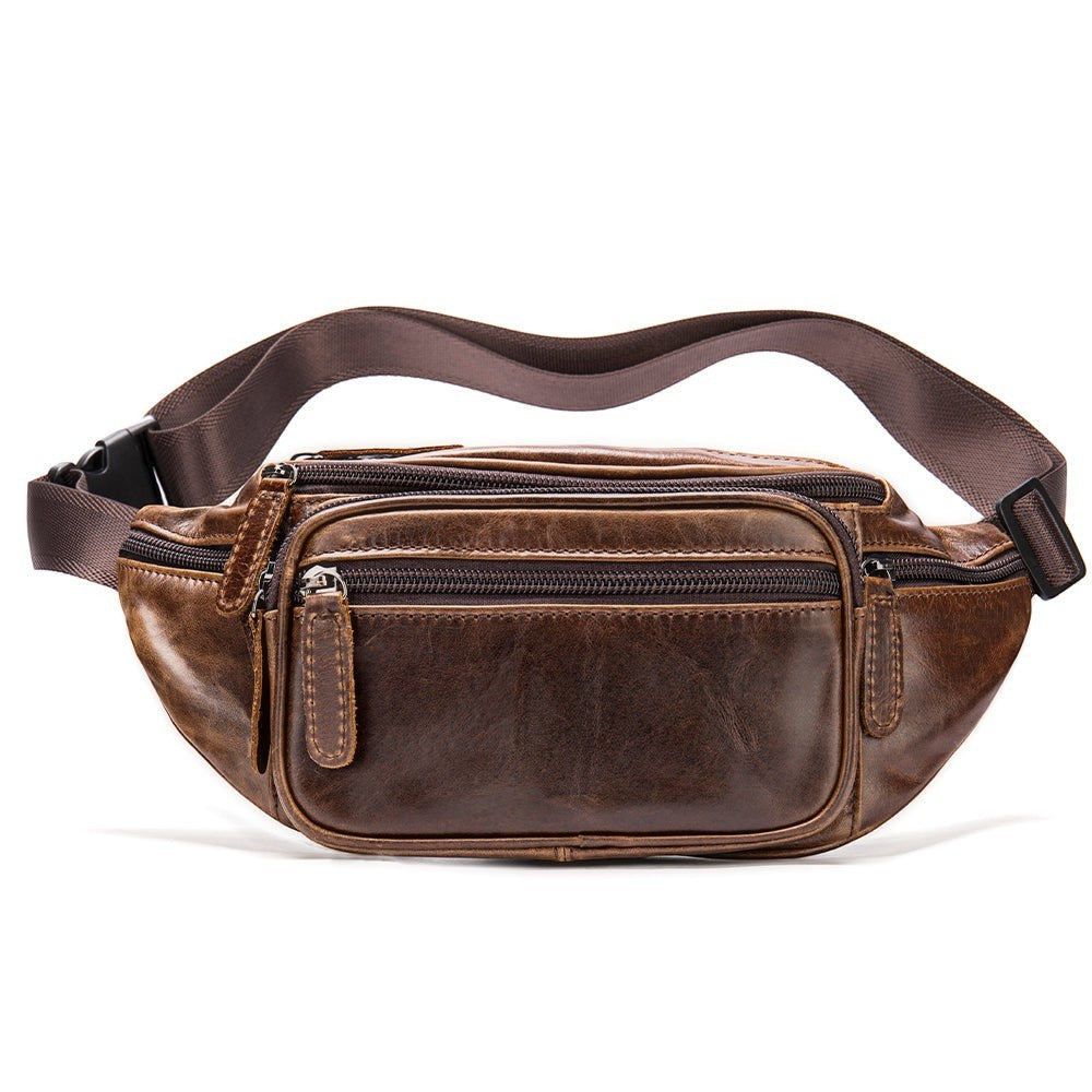 Barcon Getta Inc distressed brown leather fanny pack with multiple zippered compartments and adjustable strap.