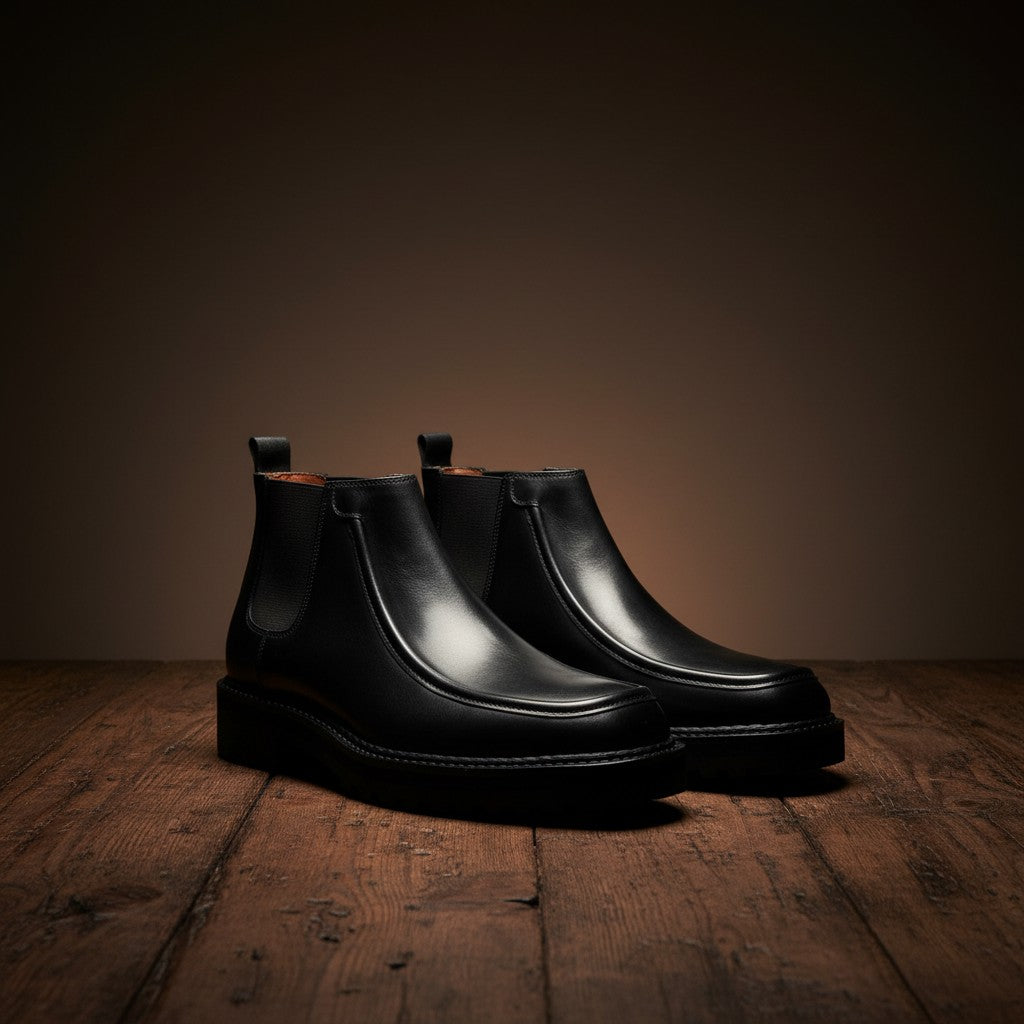 Barcon Getta Inc black leather Chelsea boots with square toe and elastic side panels. Handmade from Ethiopian calf leather.