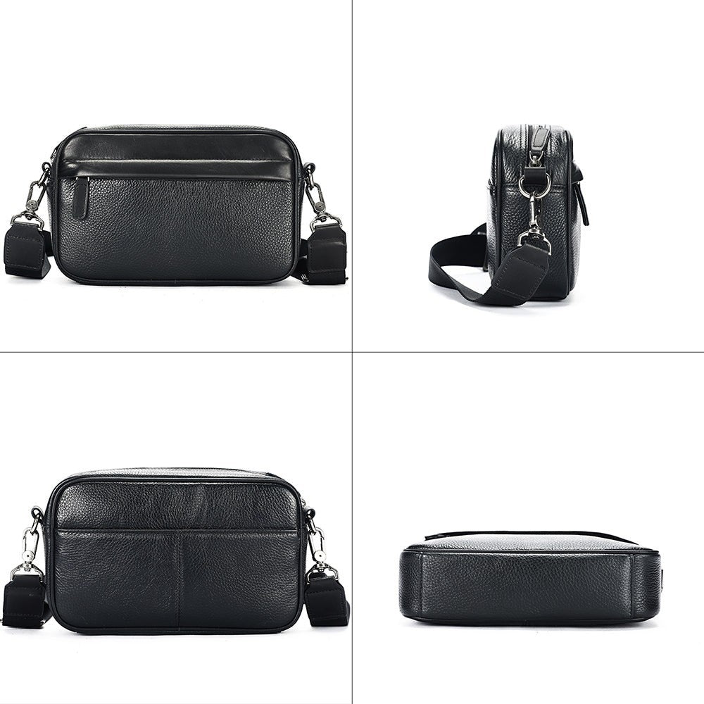 Barcon Getta Inc black full grain leather crossbody bag with multiple zipper pockets and adjustable strap.